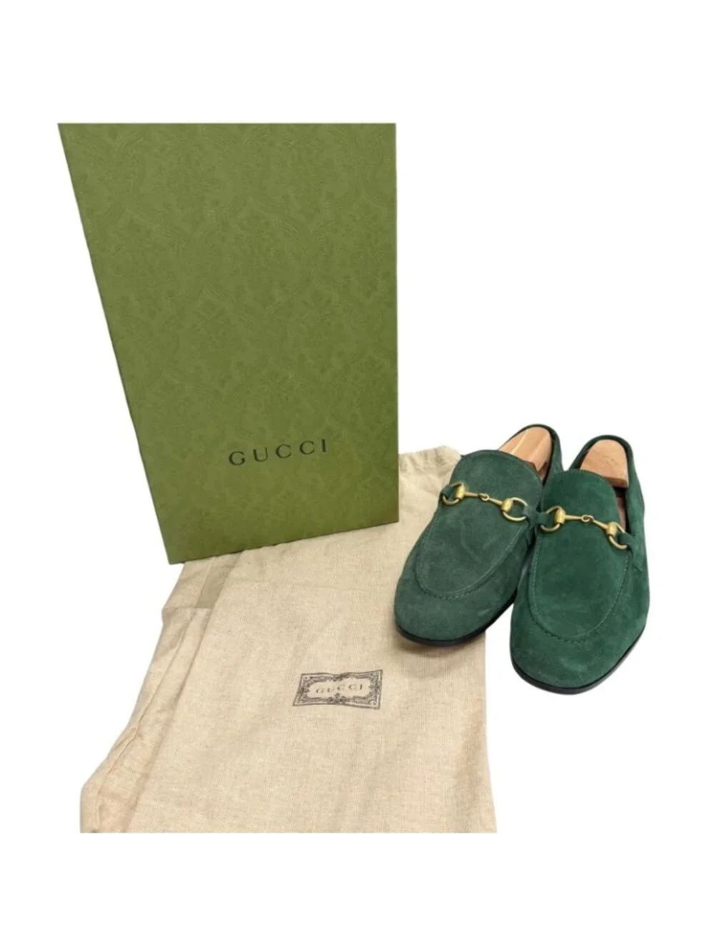 Gucci Suede Leather Horsebit Moccasins Loafers Green Gold 7